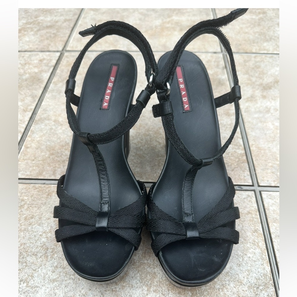Prada  Black Woman's Lacquere Platform Wedges Italy Shoes Sandals Size 36,5 - Picture 2 of 15